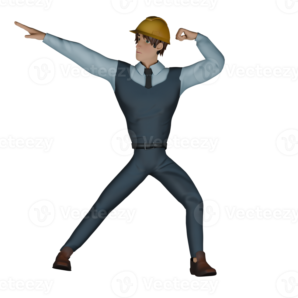 Architect Character 3D. A male architect is standing with his feet apart and his right hand perpendicular to the right side while his left hand is bent upwards showing his strength. Illustrated Male png