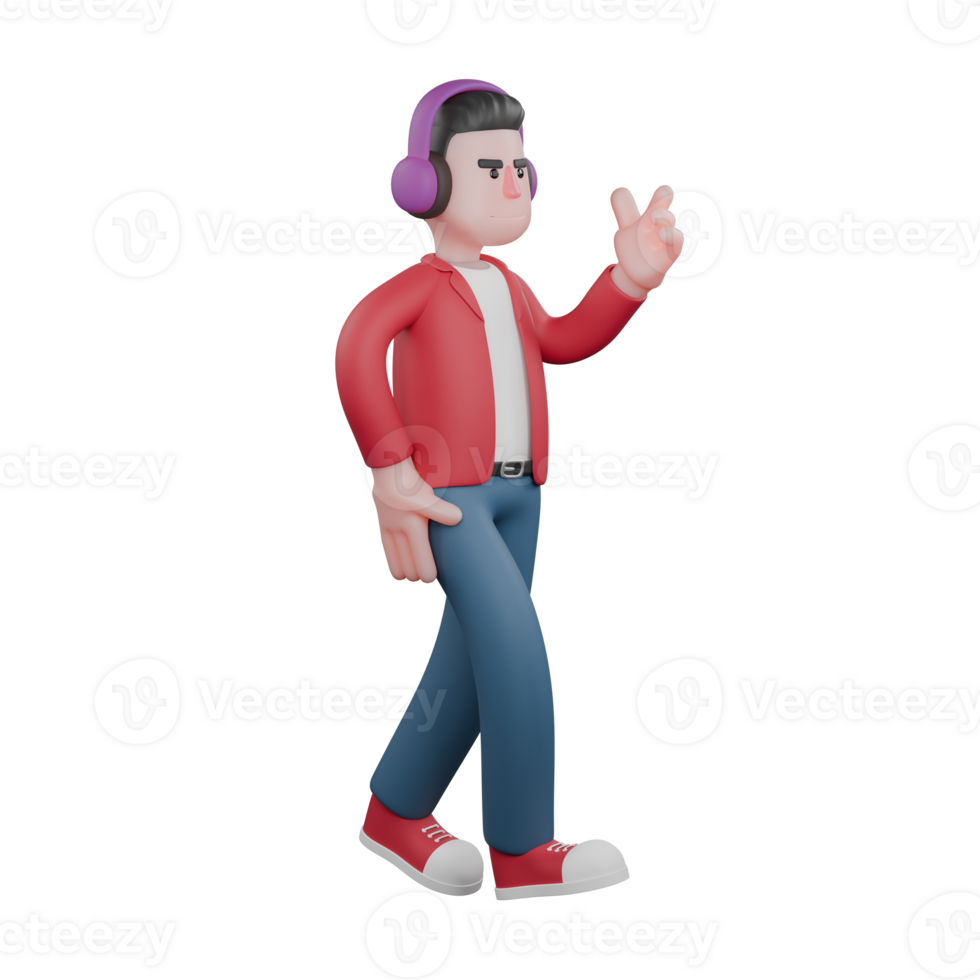 3d cantante personaje. un masculino cantante es caminando mientras escuchando a música en auriculares y dando un paz dedo símbolo. vocal actuación artista png