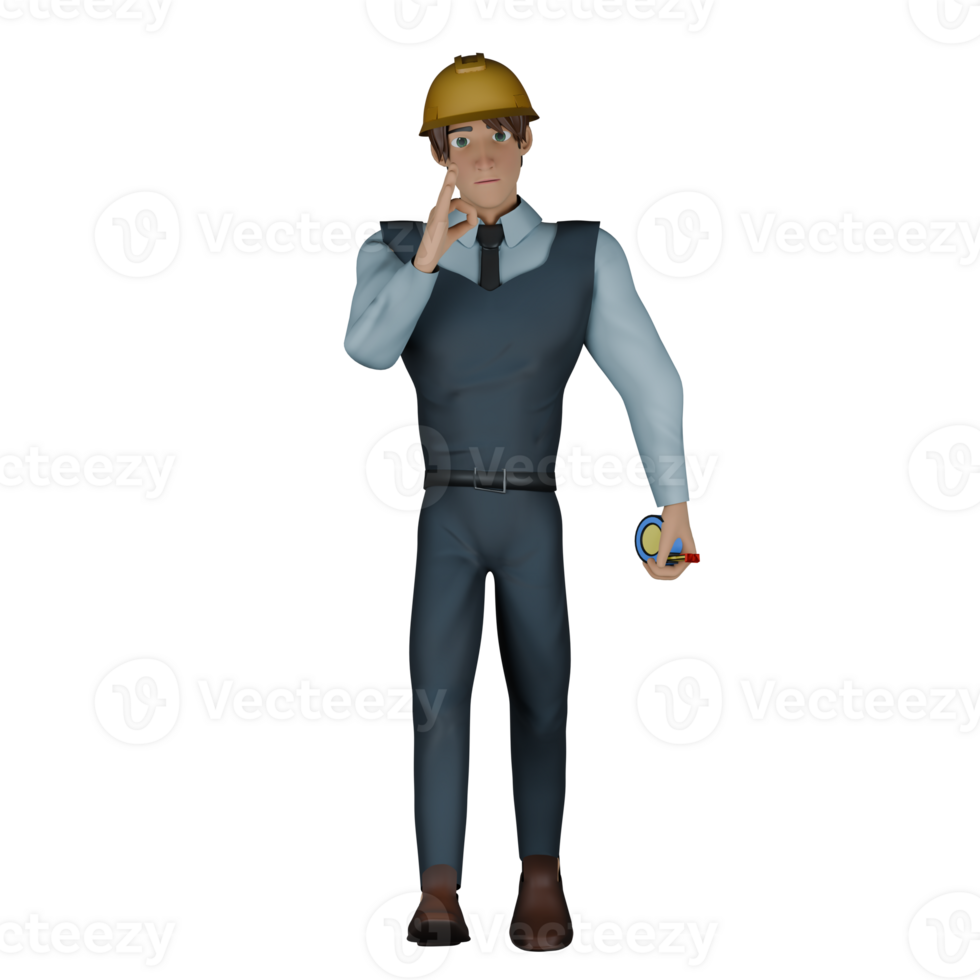 Male Architect in Model Building. A male architect is standing while carrying a meter roll and giving an OK finger symbol. 3D Creative Design Scene png