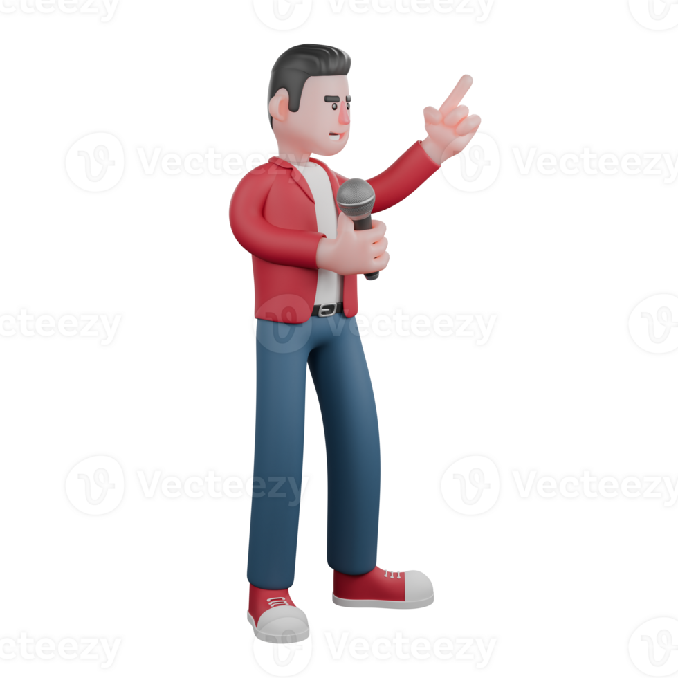 3D Character of a Male Singer. A male singer is standing with his right hand holding a mic and his left hand pointing up. Performance Scene png