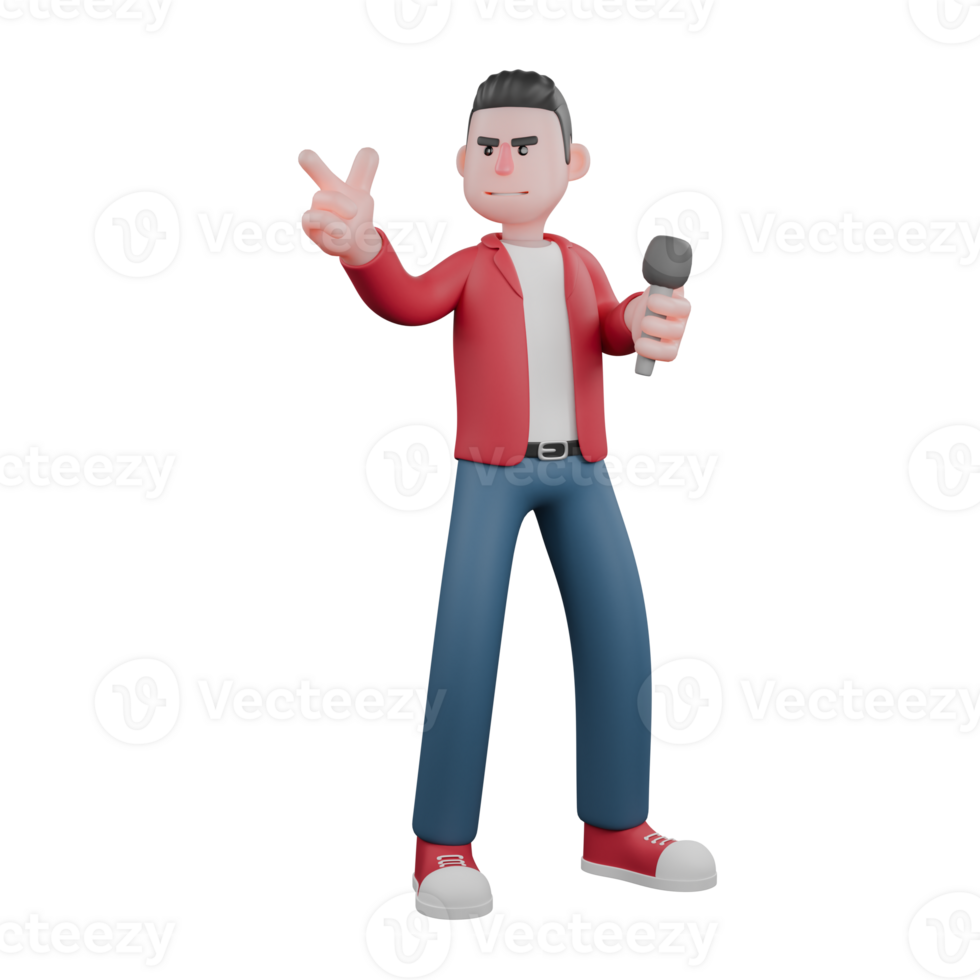 Illustrated of a Male Singer. A male singer is standing while carrying a mic and giving a finger gun symbol forward. 3D Music Scene png