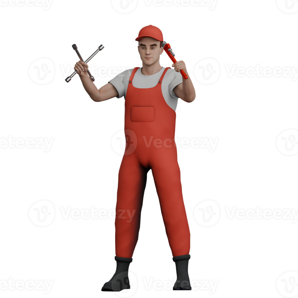 Male Mechanic in Automotive 3D. A male mechanic stands carrying a wrench and an X crank in both hands. Professional png
