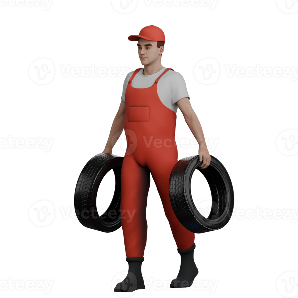 Professional 3D Male Automotive Mechanic. A male mechanic is walking while each of his hands is carrying a car band. Cartoon png