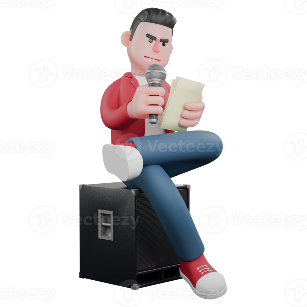 Cartoon Male Singer. A male singer is sitting on a speaker while holding a mic and a lyric book. 3D Music Character png