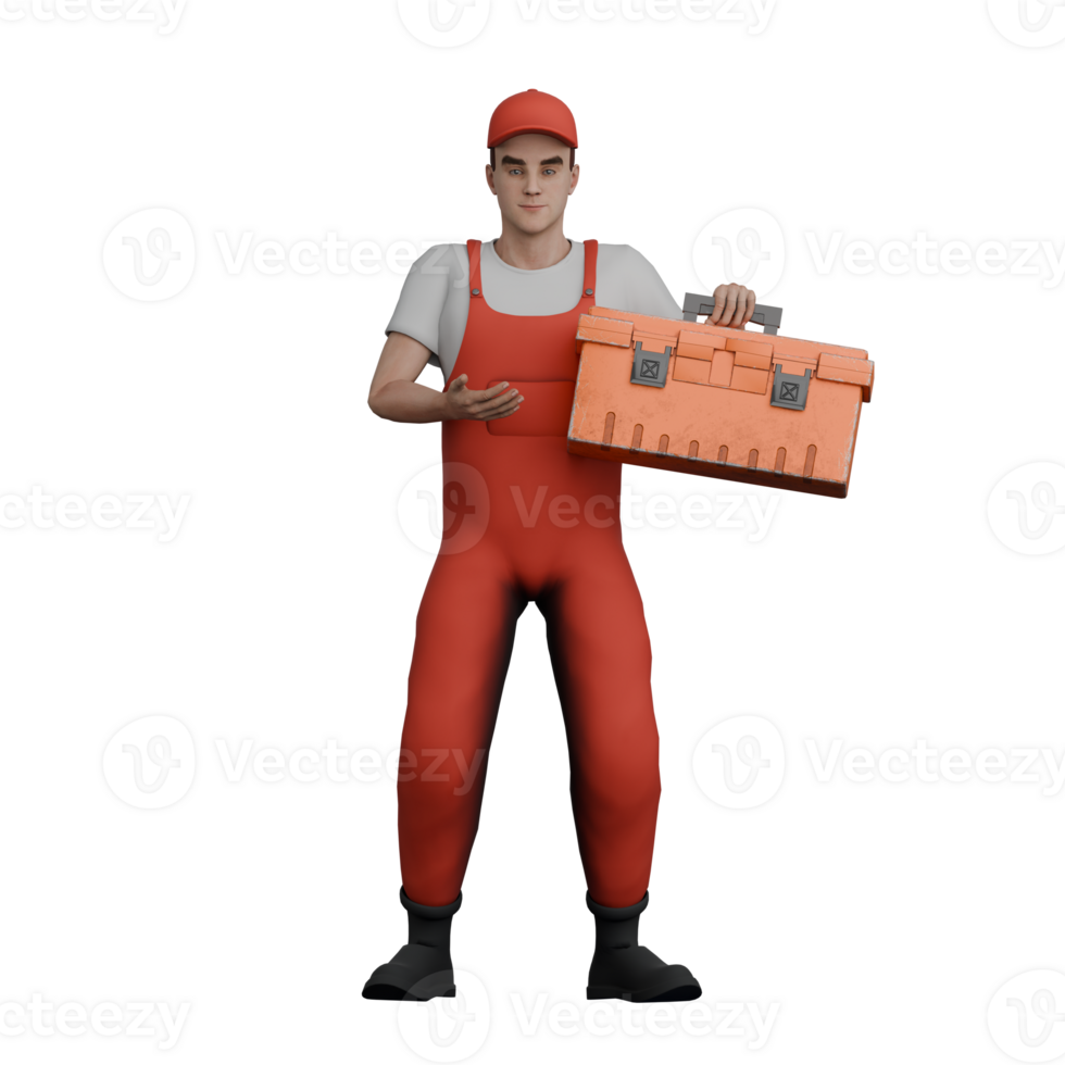 Automotive Professional Male. A male mechanic stands holding a tool box in his hands. 3D Mechanic Cartoon png