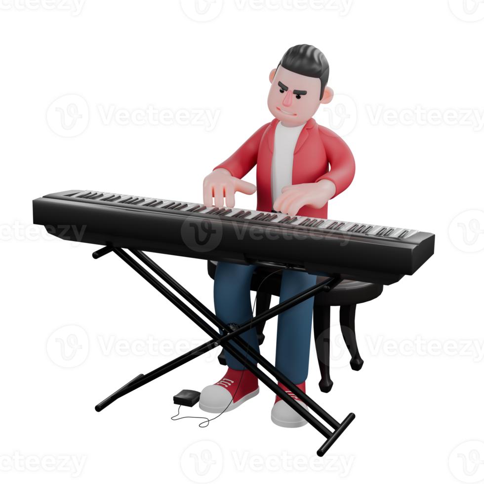 3D Cartoon Singer Character. A male singer is sitting on a chair while his fingers are playing an electronic piano. Vocal Artist Model png