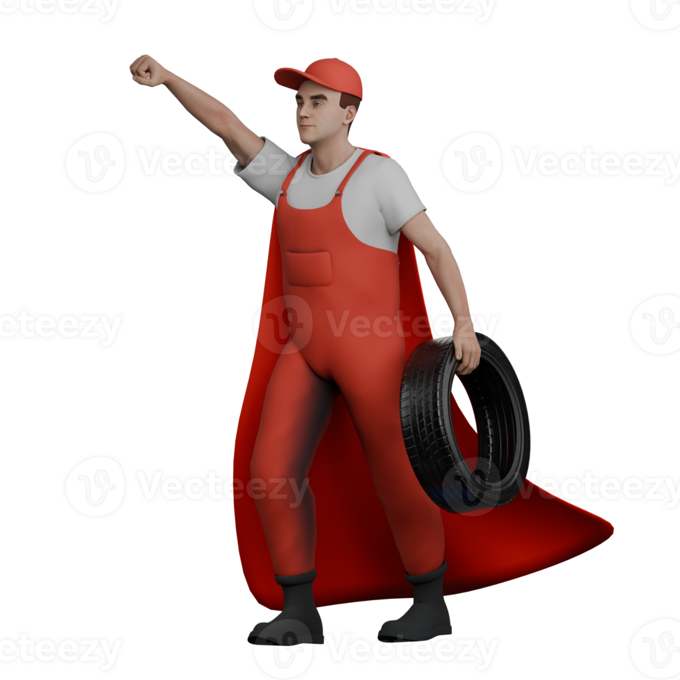 3D Male Automotive Character. A male mechanic is standing while carrying a band and the expression of his hands and body is like a superman wanting to fly. Mechanic Professional png