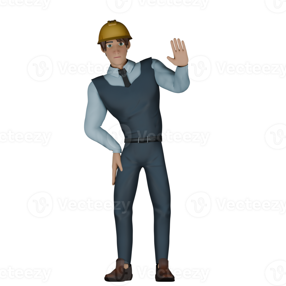 Cartoon Male Architect. A male architect is standing with his right hand holding his right thigh and his left hand raised waving. 3D Structural Design Professional png
