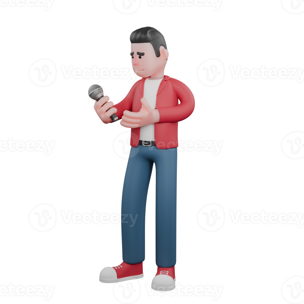 3D Cartoon Male Vocalist. A male singer is standing holding a microphone in his right hand and his left hand is under the microphone. Music Performance png