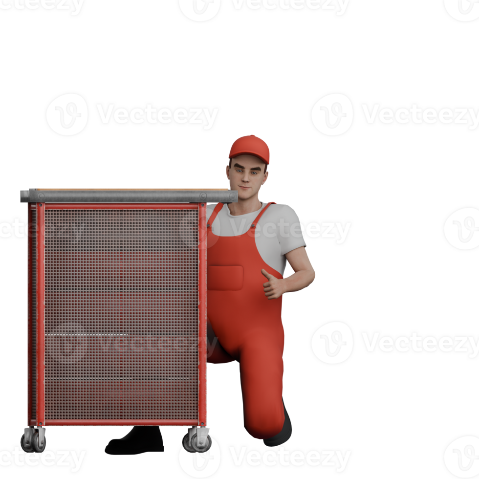 Professional Male Mechanic. A male mechanic kneels beside a wheeled trolley with his right hand giving a thumbs up. 3D Automotive Illustrated png