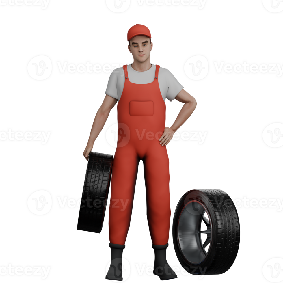Automotive Illustrated. A male mechanic is standing to the right of a standing car band while he is also carrying a car band in his right hand and his left hand is bent at his hip. 3D Male Mechanic png