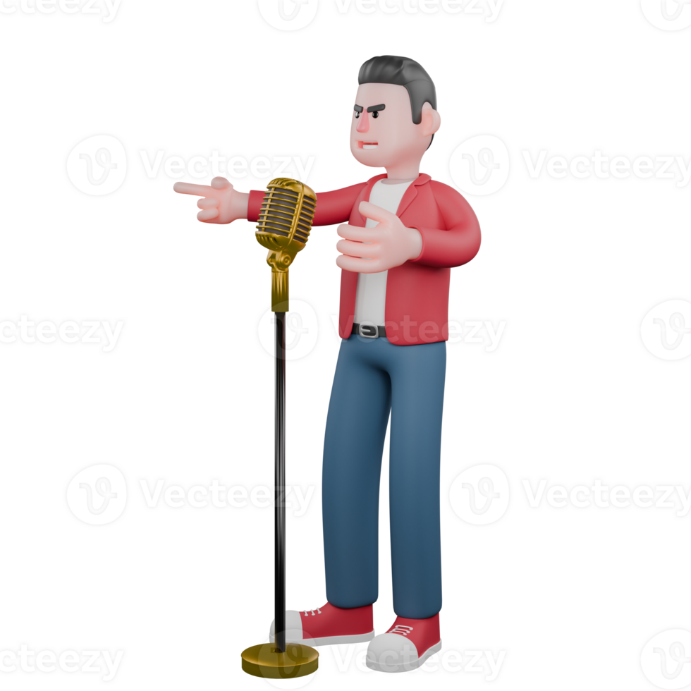Cartoon Male Vocalist. A male singer is singing in front of a mic stand while pointing to the front. 3D Singer Model png