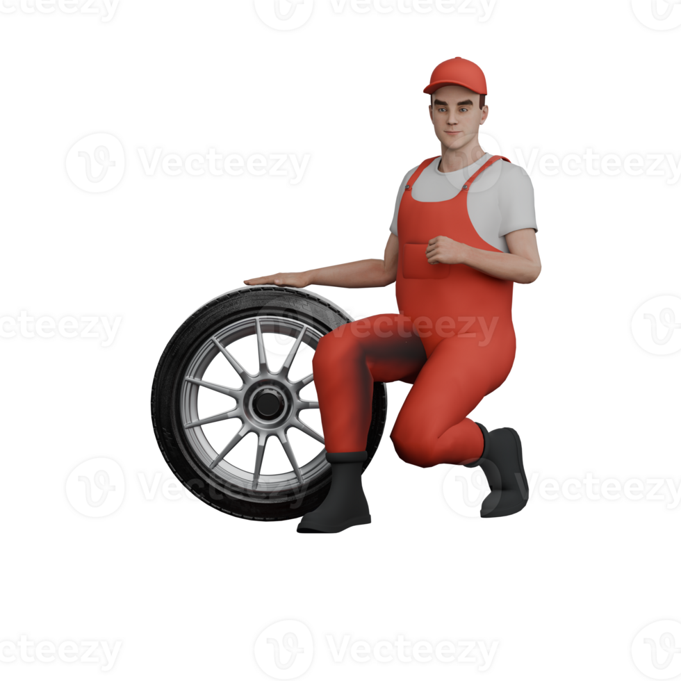 Professional Male in 3D - Mechanic. A male mechanic is sitting on one leg in front while holding a car band. Cartoon Illustrated png
