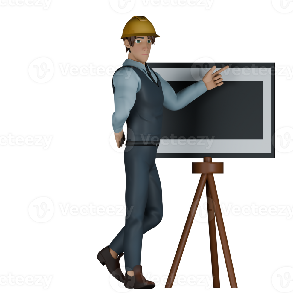 Cartoon Illustrated of a Male Architect. A male architect is standing on the right side of the whiteboard and his left hand is pointing at the whiteboard. 3D Modern Style png