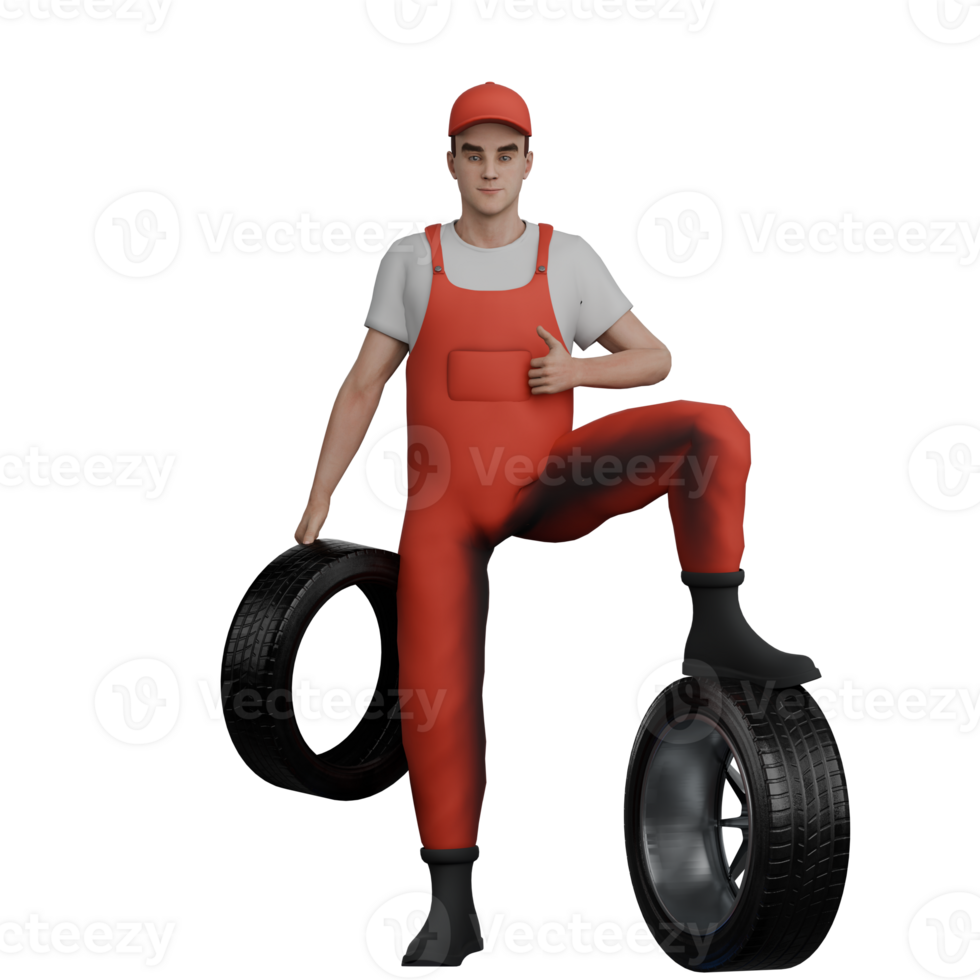 3D Mechanic Male in Professional Setting. A male mechanic is standing while his left foot is stepping on a standing car band while his right hand is holding another car band. Automotive png