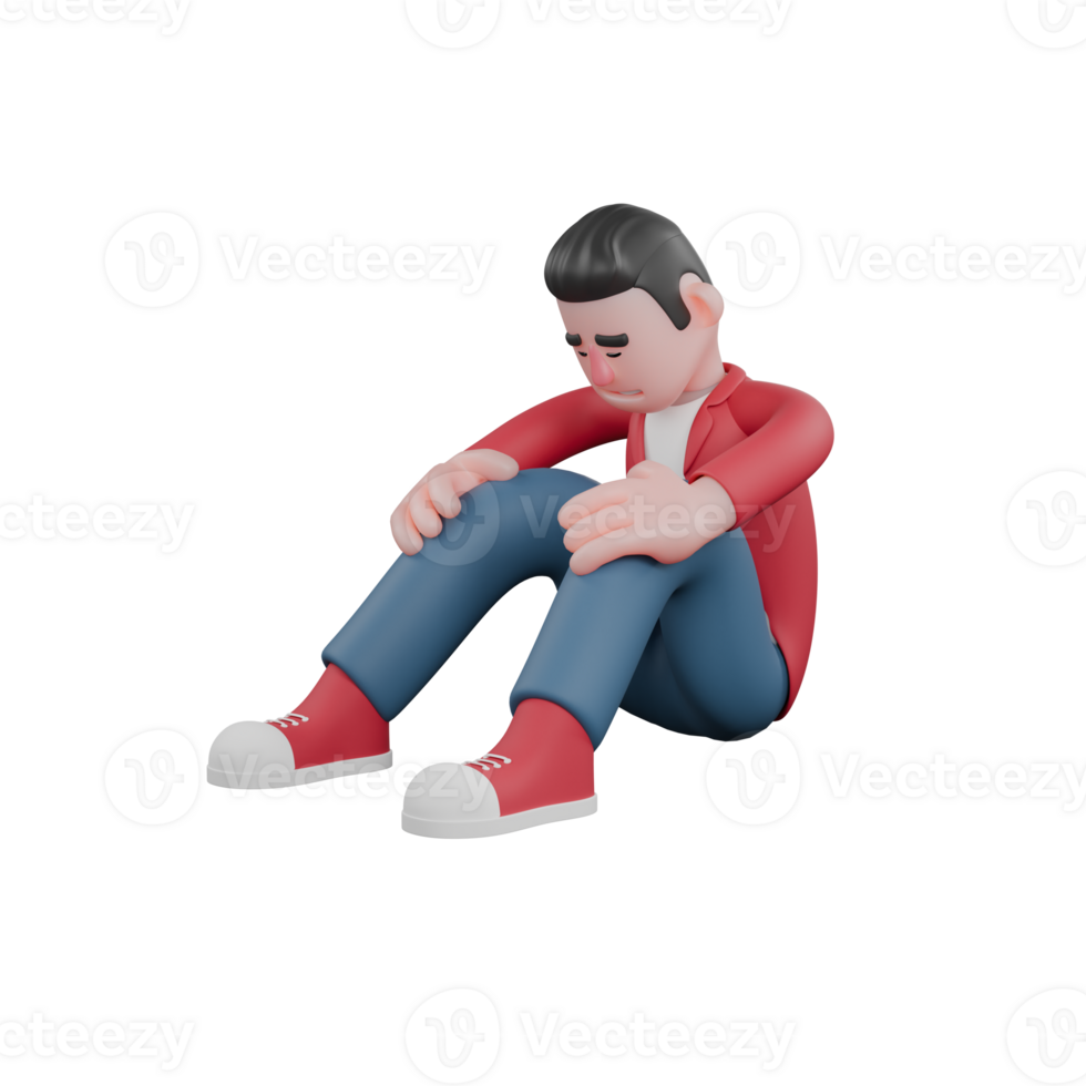 3D Male Singer Character. A male singer is sitting on the floor with his face down while both hands are on his knees. Cartoon Music Artist png