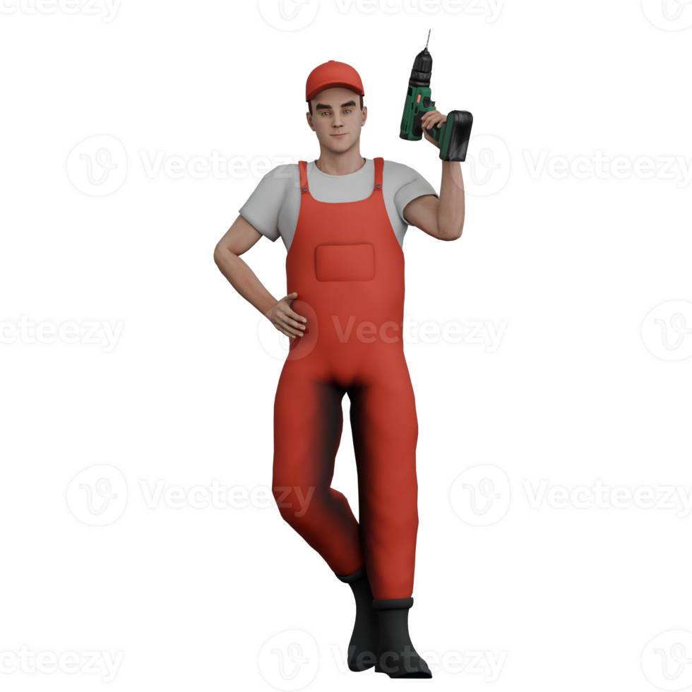 3D Model of Professional Male Mechanic. A male mechanic stands holding a drill in his right hand and his left hand is on his waist. Automotive Character png