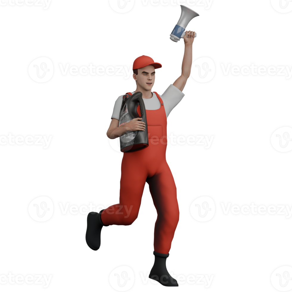 Illustrative 3D Male Mechanic. A male mechanic is running while carrying an oil and lifting a loudspeaker. Professional png