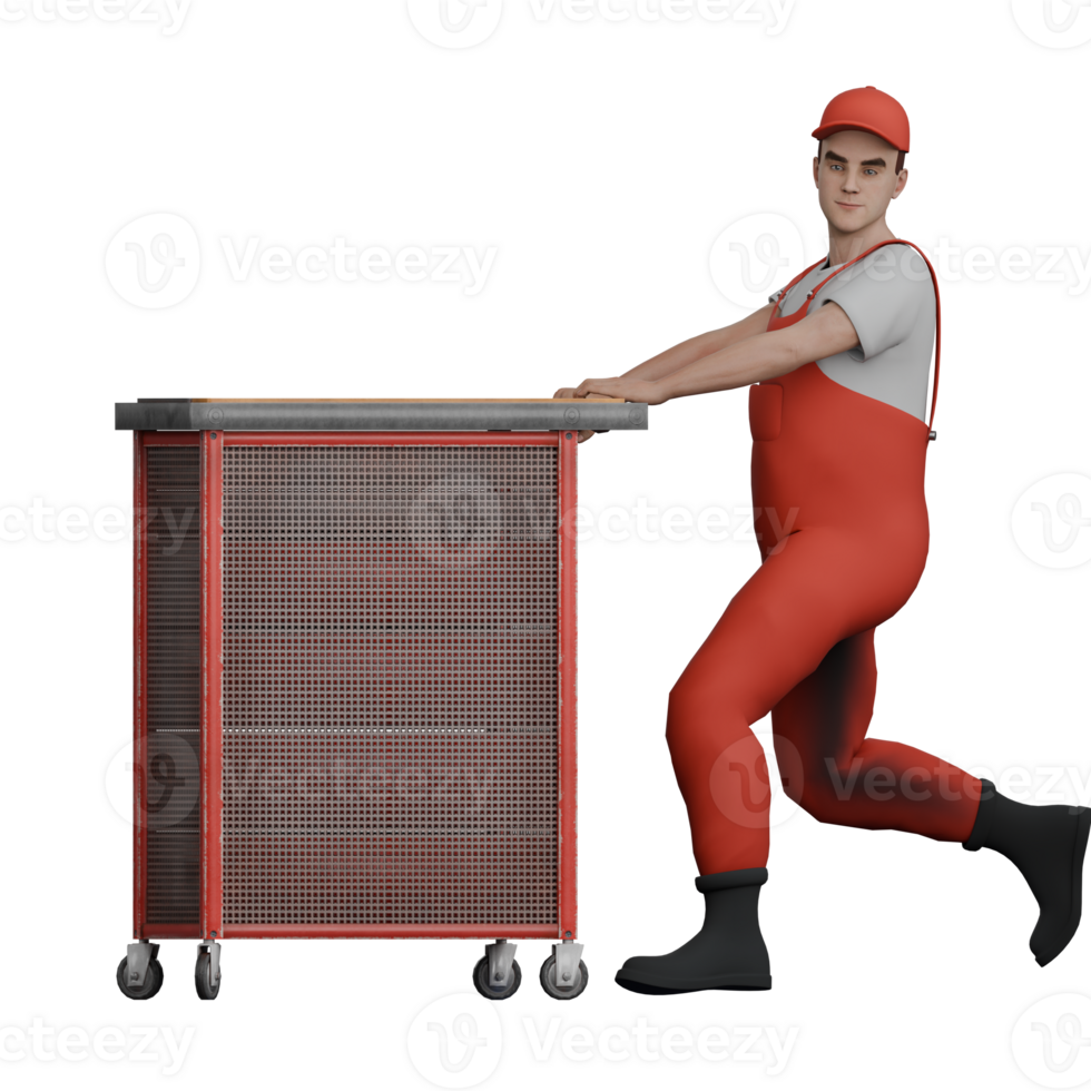 3D Male Mechanic Character. A male mechanic pushes a trolley with both hands . Automotive Professional png