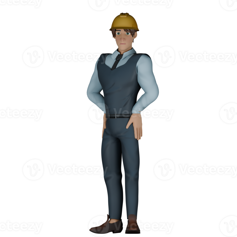 3D Cartoon Architect Character. A male architect is standing straight with both hands on his waist. Building Design Model png