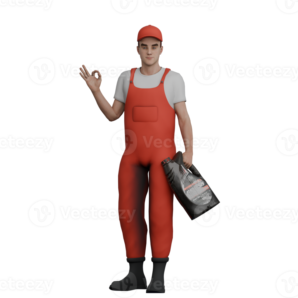 Mechanic in 3D. A male mechanic is standing while carrying an oil while his other hand gives an OK symbol. Male Professional png