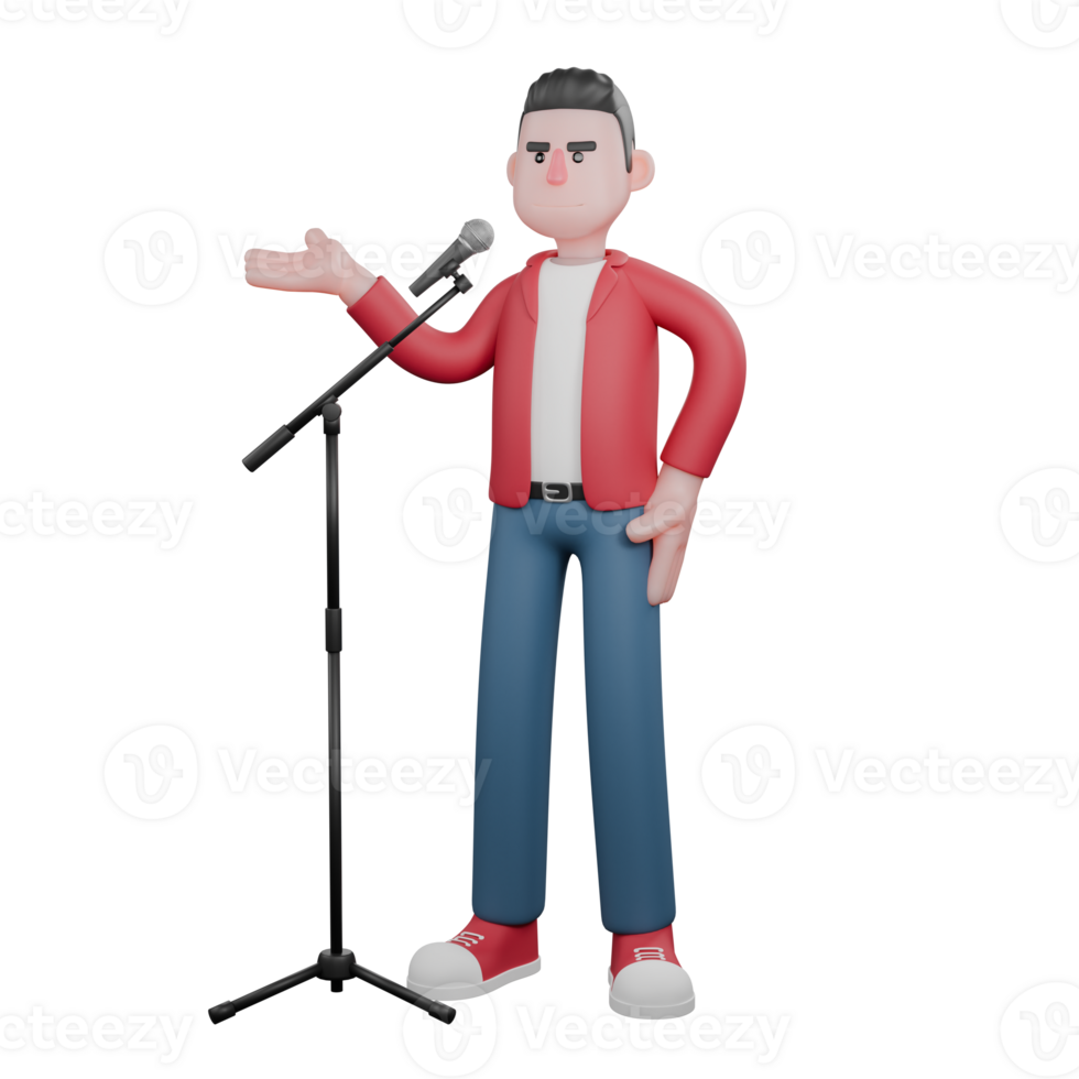 Cartoon Musician in 3D. A male singer is standing singing in front of a mic stand with his right palm raised to the right side while his left hand is on his waist. Male Singer Model png