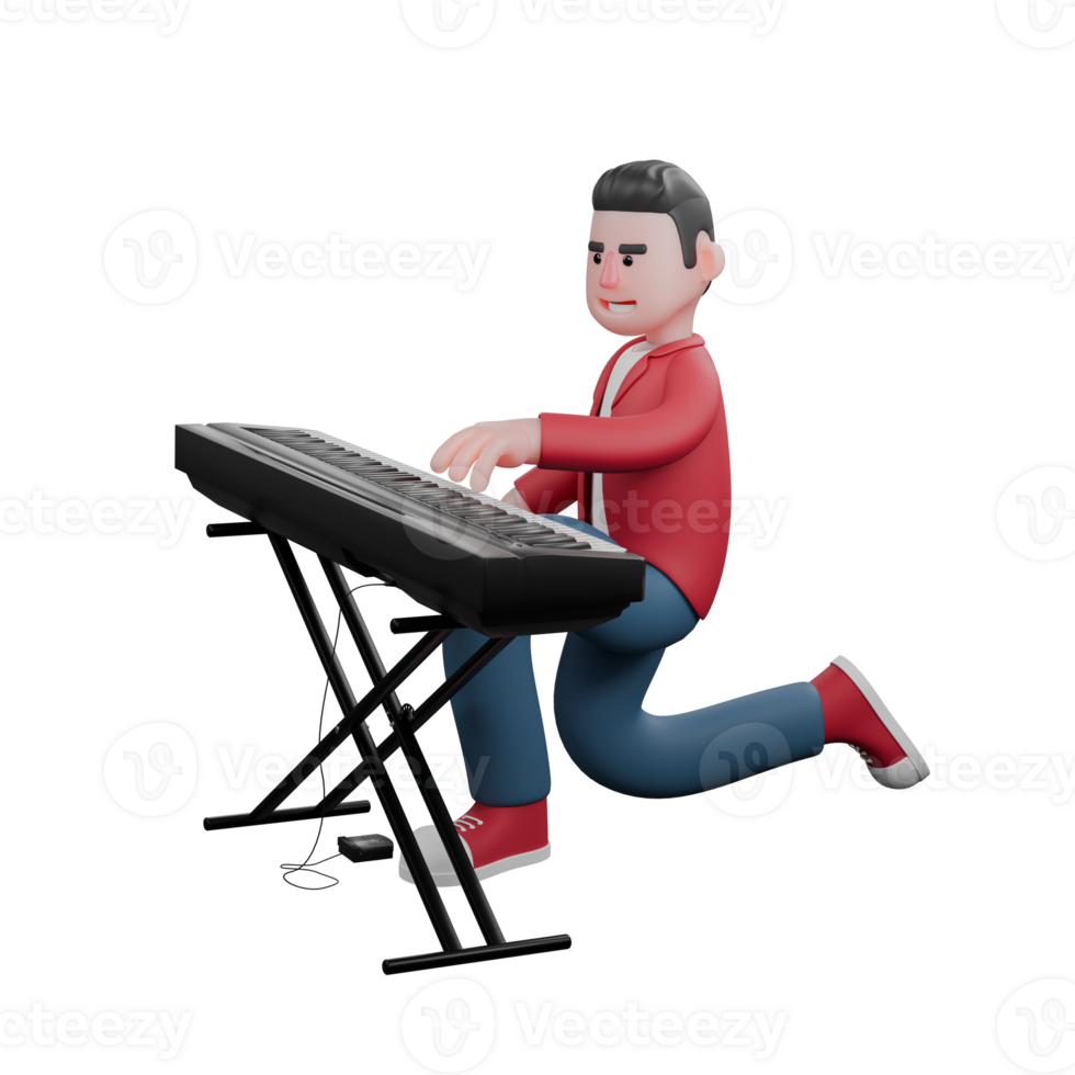 3D Cartoon Music Star. A male singer is sitting while his fingers are playing an electric piano. Male Vocal Character png