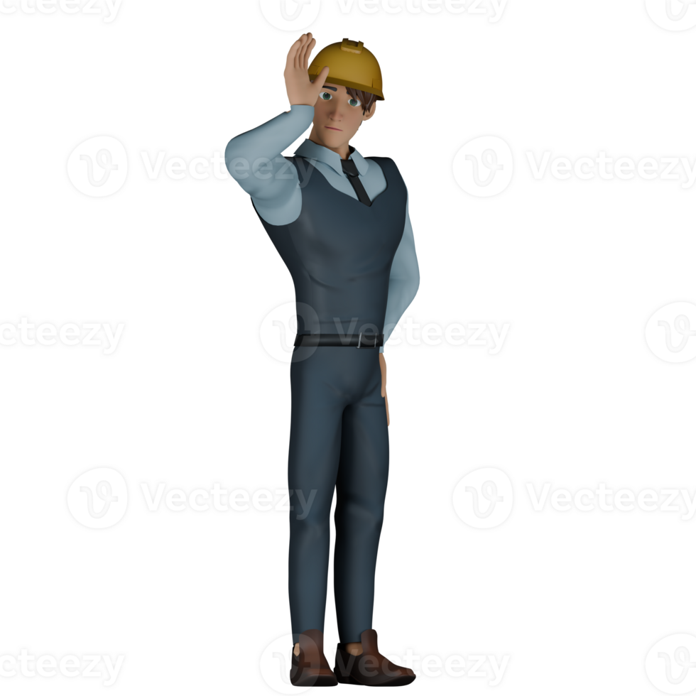 Male Architect 3D Model. A male architect is standing while wiping sweat pouring down his head with his right hand. Modern Architecture Environment png