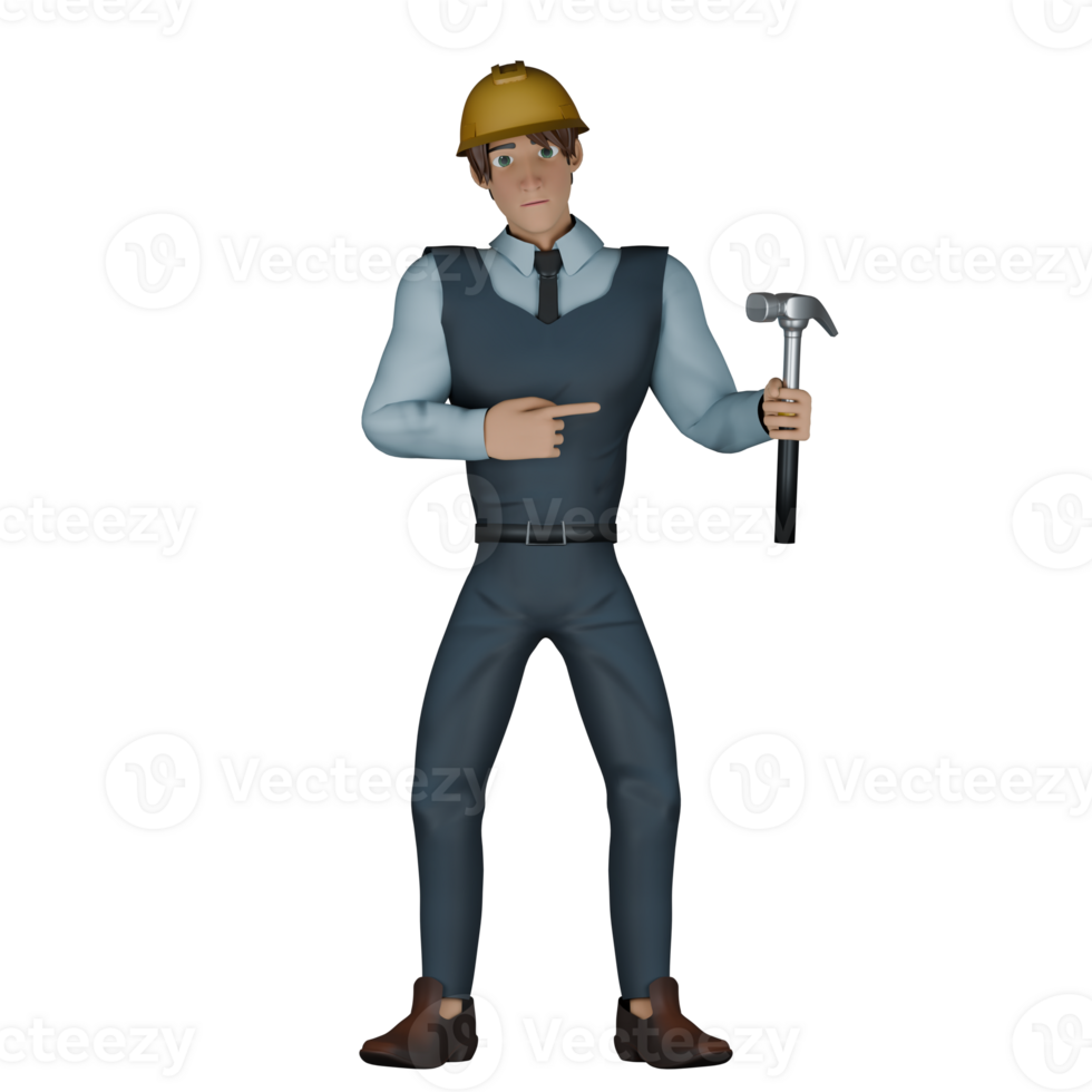 Male Architect Cartoon in 3D. A male architect is standing while pointing at a hammer that he is holding in his left hand. Construction Project Illustrated png