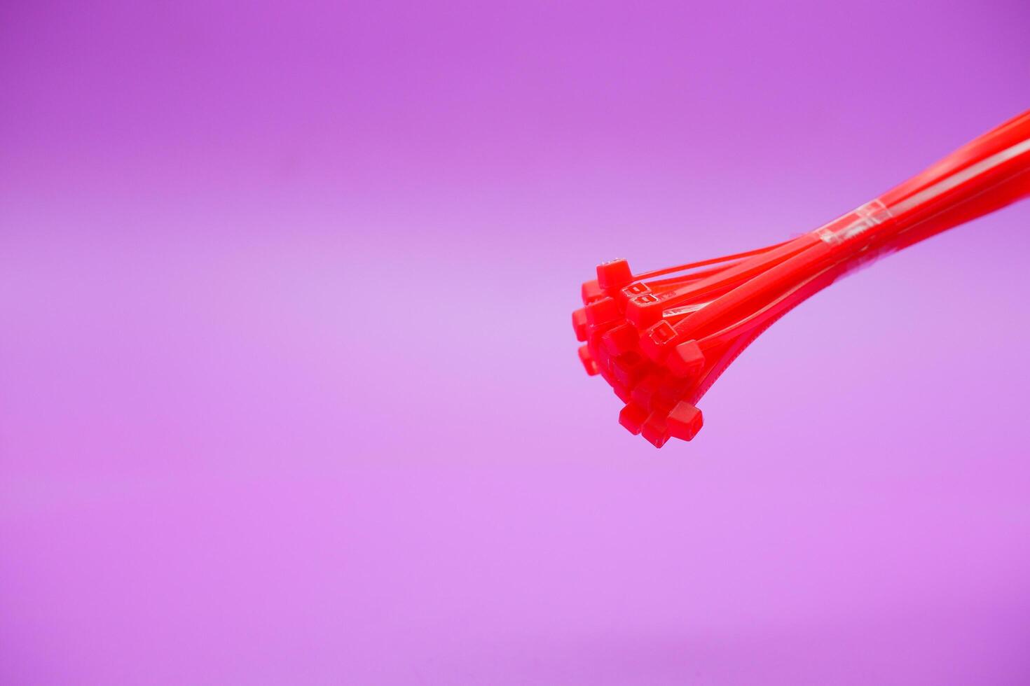 bundle of red zip ties isolated on purple background. Cable ties or cable ties, straps that can be used for various purposes. photo