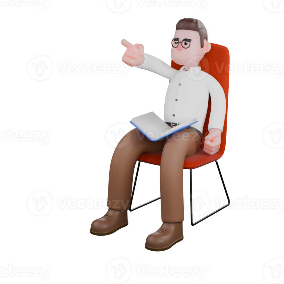 Male Professional Sociologist - 3D Character. A male sociologist is sitting while holding a book while pointing forward. Cartoon png