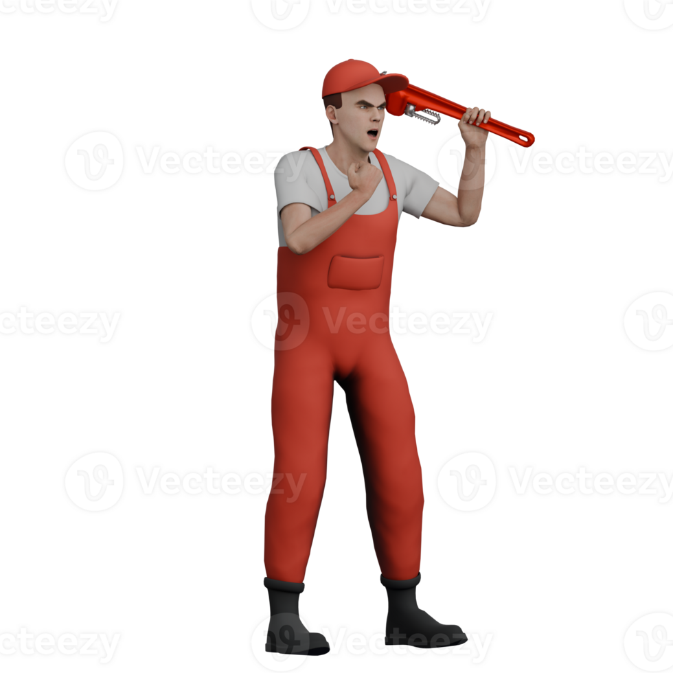 Illustrative 3D Male Mechanic. A male mechanic stands holding a wrench in his left hand and clapping his right hand with an angry expression. Engine Rebuild Leader png