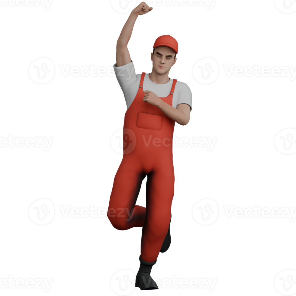 3D Automotive Practitioner. A male mechanic stands with his left hand clenched upwards while his right hand is clenched above his chest. Male Mechanic png