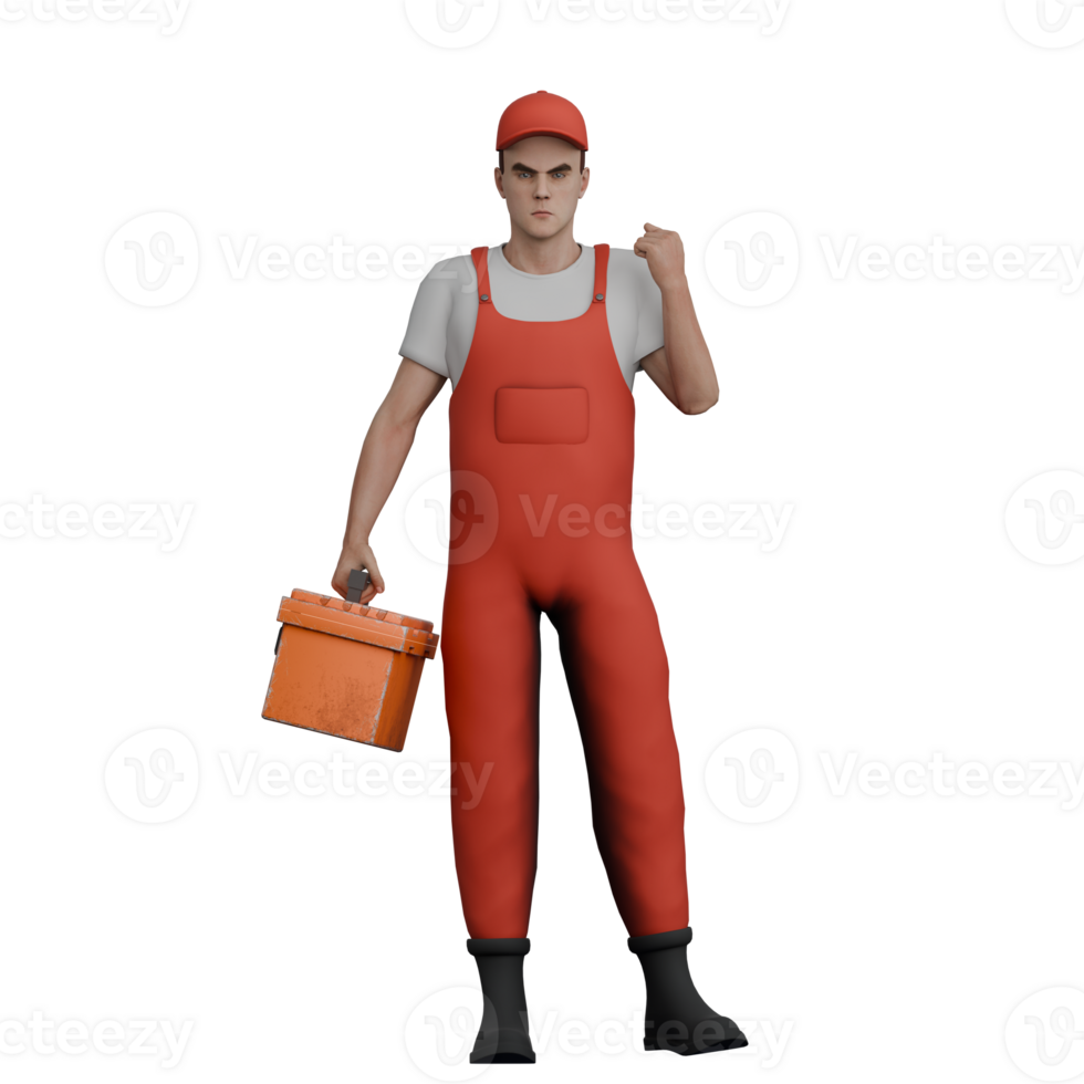 Automotive Service Expert in 3D. A male mechanic stands holding a tool box in his left hand and clenching his right fist. Cartoon Mechanic png