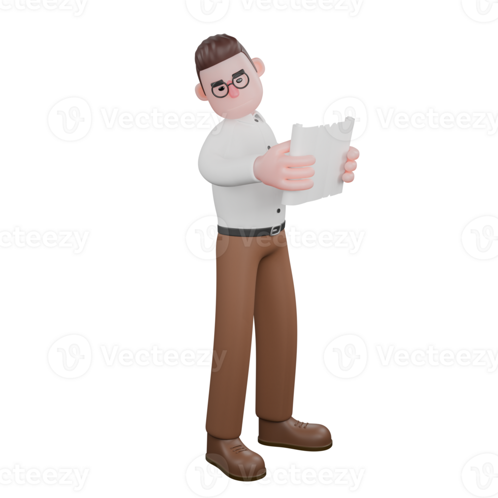 3D Social Expert Sociologist. A male sociologist is standing looking to the right while both hands are spread out a newspaper. Cartoon png