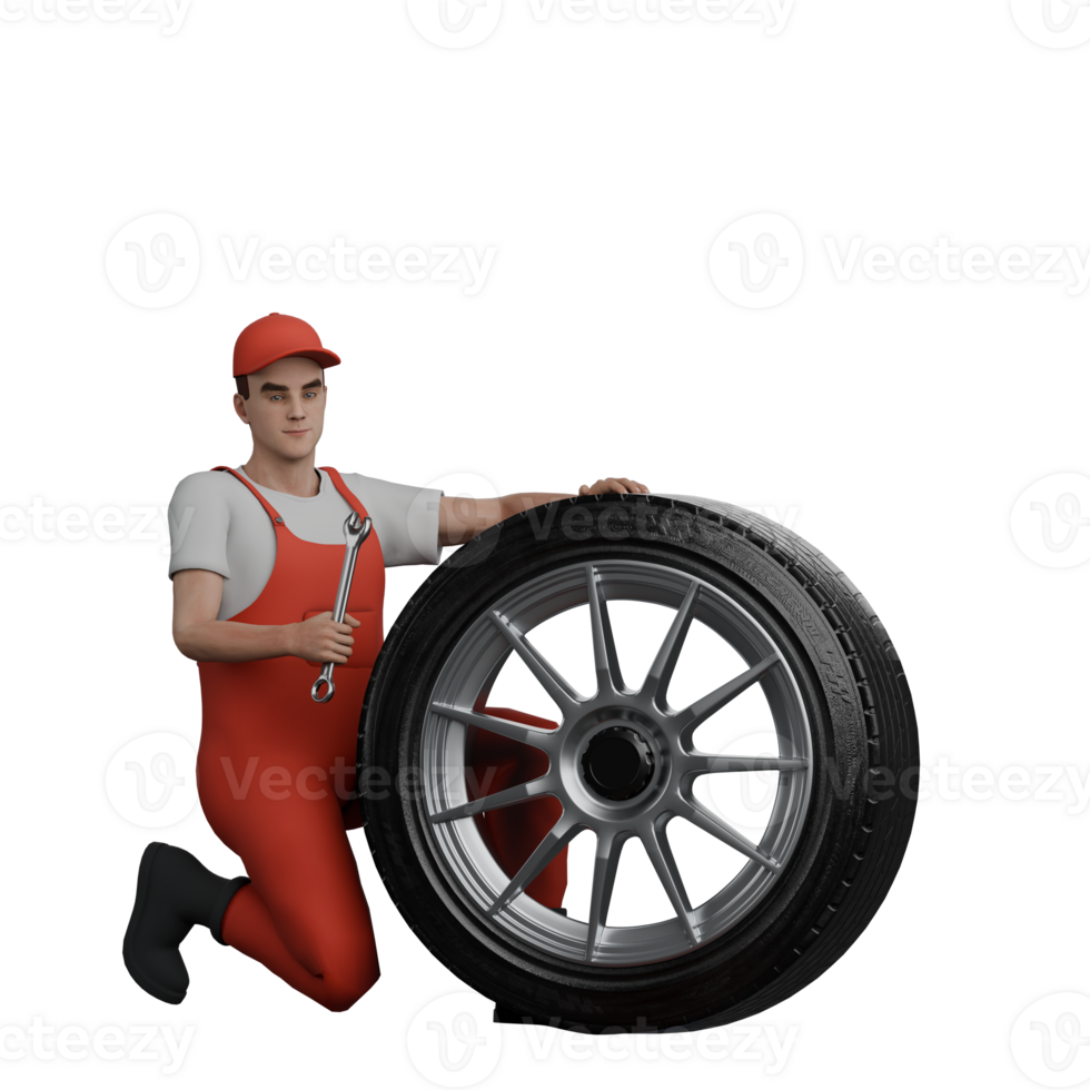 Illustrated of Male Automotive Professional. A male mechanic kneels in front of a car tire holding a Y crank in his right hand. 3D Mechanic png