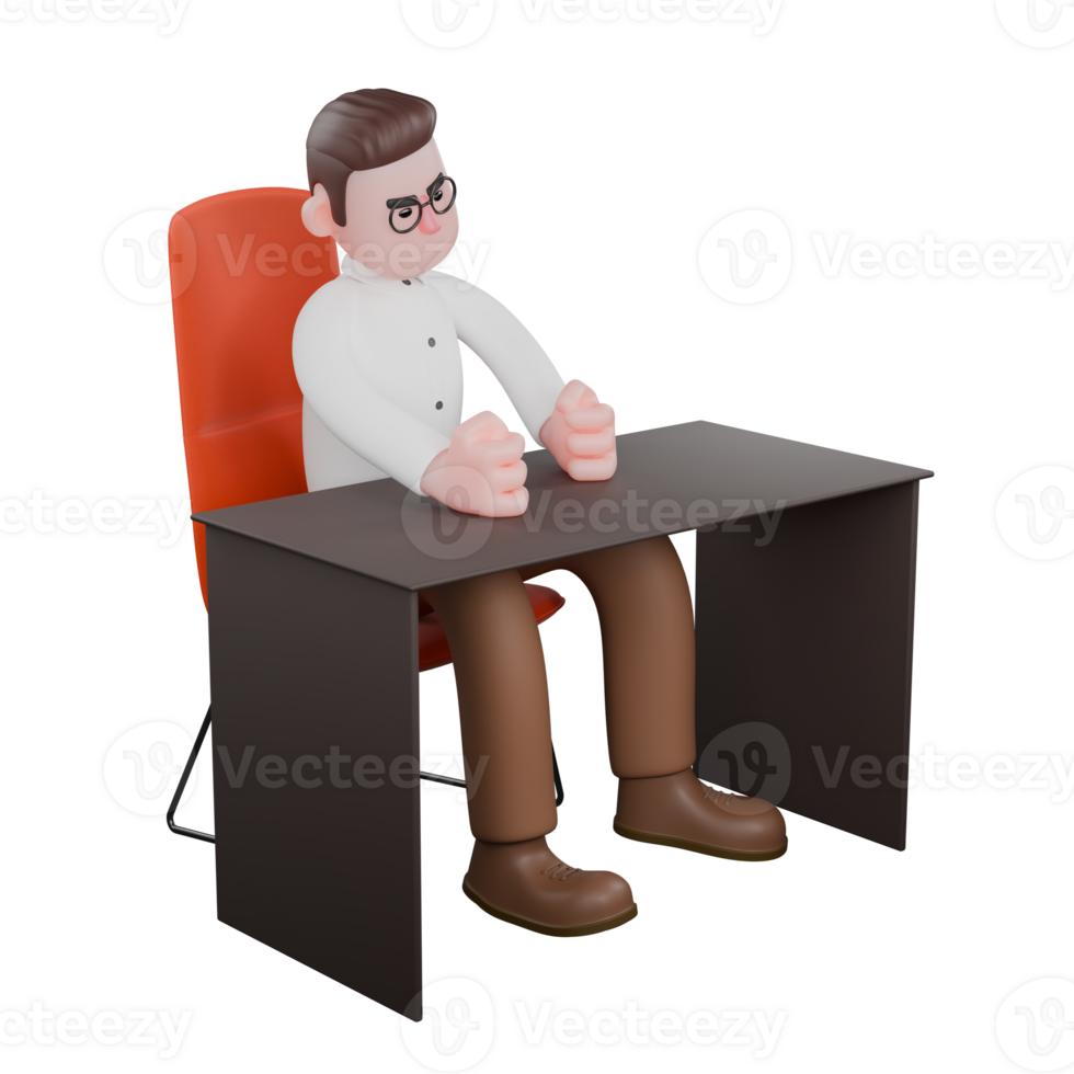 Sociologist in 3D. A male sociologist is sitting on his desk chair while both his hands are clenched on the table. Male Professional png
