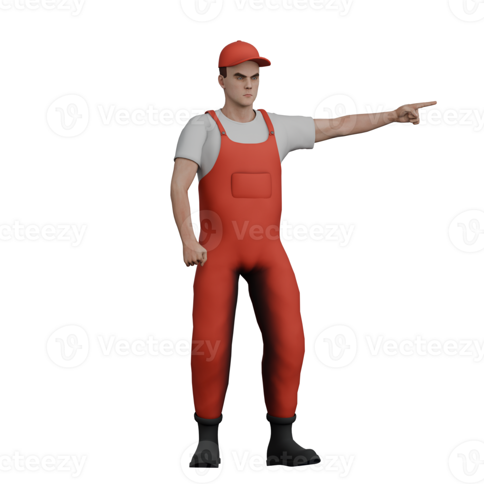 Professional Mechanic 3D Cartoon. A male mechanic stands pointing to the right side with his right hand. Male Vehicle Care Expert png