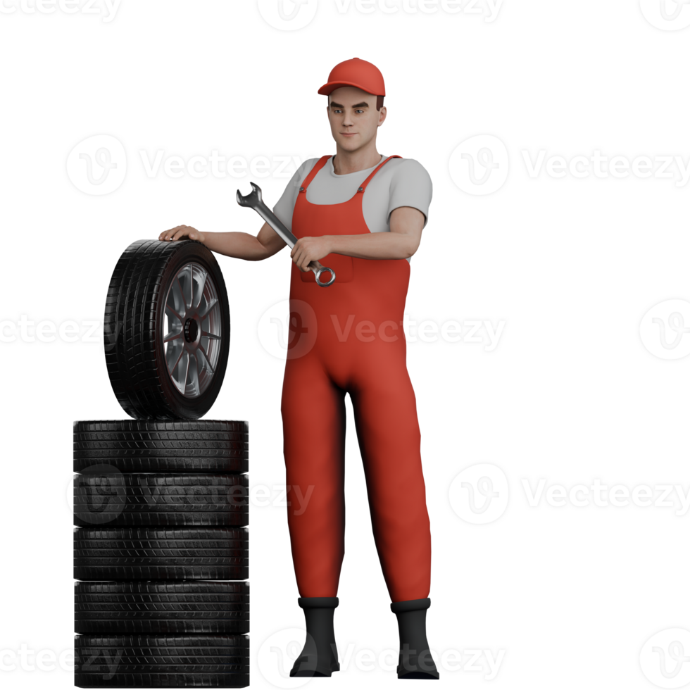 Male Workshop Mechanic 3D. A male mechanic stands next to a pile of cars while holding a Y crank in his right hand and his left hand is on top of a pile of car tires. Professional Illustrateed png