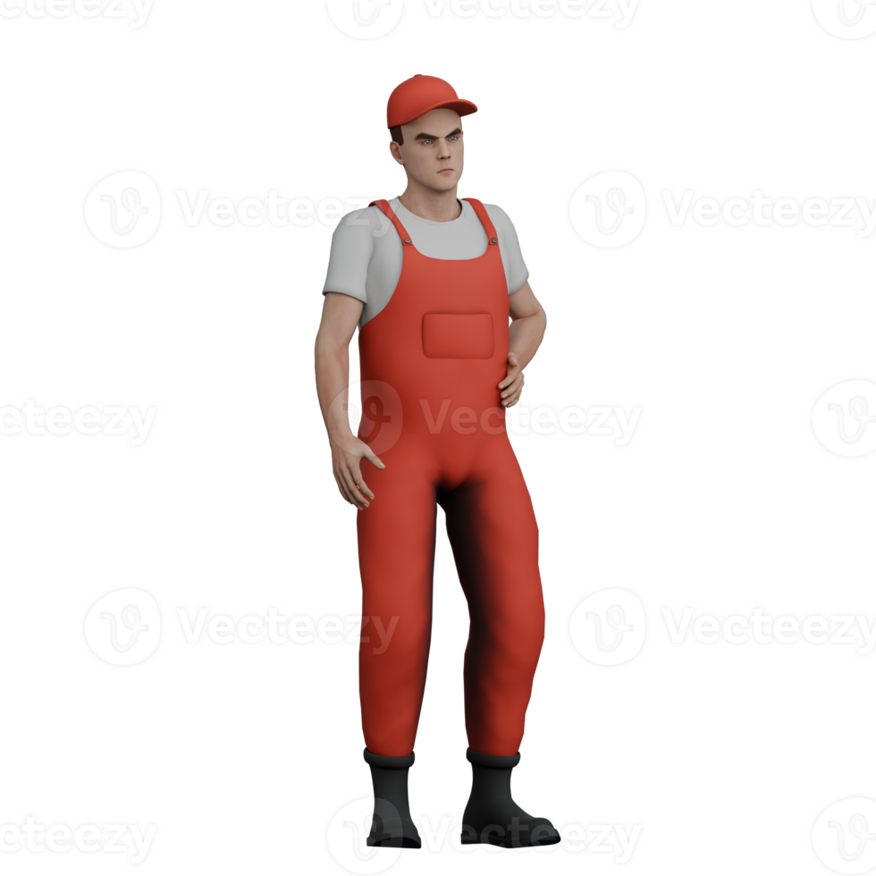 3D Male Mechanic Working. A male mechanic stands with his right hand on his waist. Auto Workshop Cartoon png