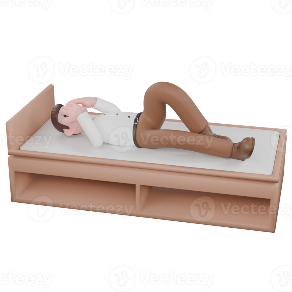 Sociologist in 3D. A male sociologist is sleeping in bed while covering his eyes with both palms. Cartoon Illustrated png