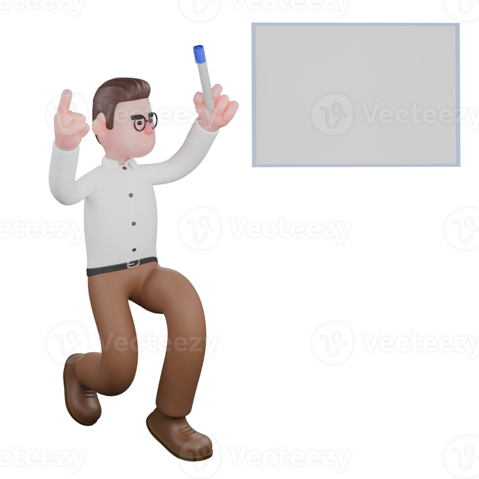 Male Sociologist 3D Model. A male sociologist is preparing to jump while pointing up and lifting a pen up on his left side there is a whiteboard. Cartoon Illustrated png