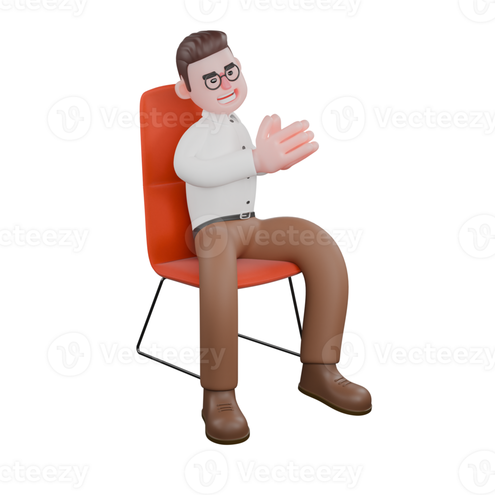 Male Professional Sociologist - 3D Character. A male sociologist is sitting on a chair while putting his palms together as if giving a greeting. Social Research Model png