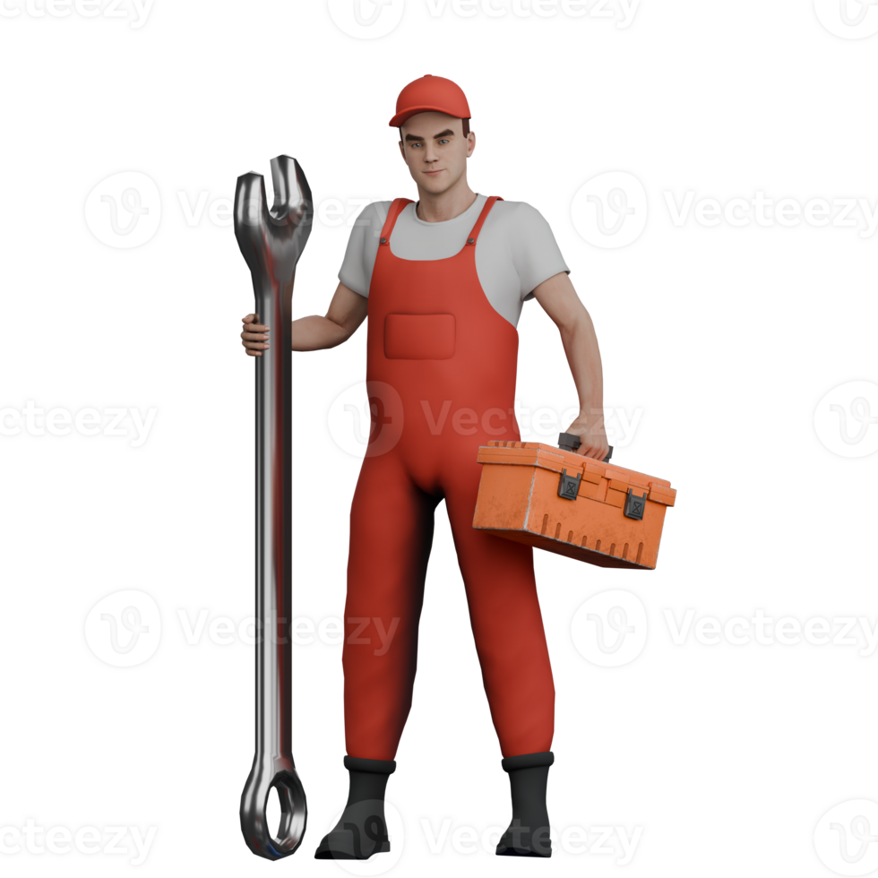 Professional 3D Mechanic. A male mechanic stands next to a large Y crank and his left hand holds a large Y crank while his right hand holds a tool box. Male Automotive Expert png