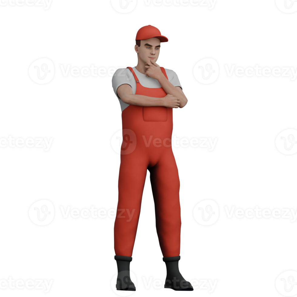 Animated Professional Mechanic. A male mechanic stands while thinking. 3D Male png