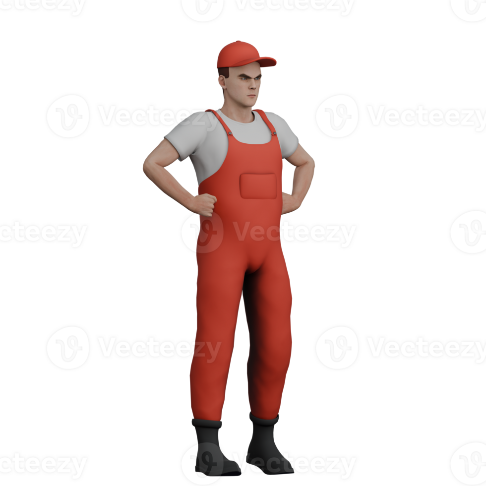 3D Model of Cartoon Mechanic. A male mechanic stands with both his hands on his waist. Vehicle Maintenance Expert png