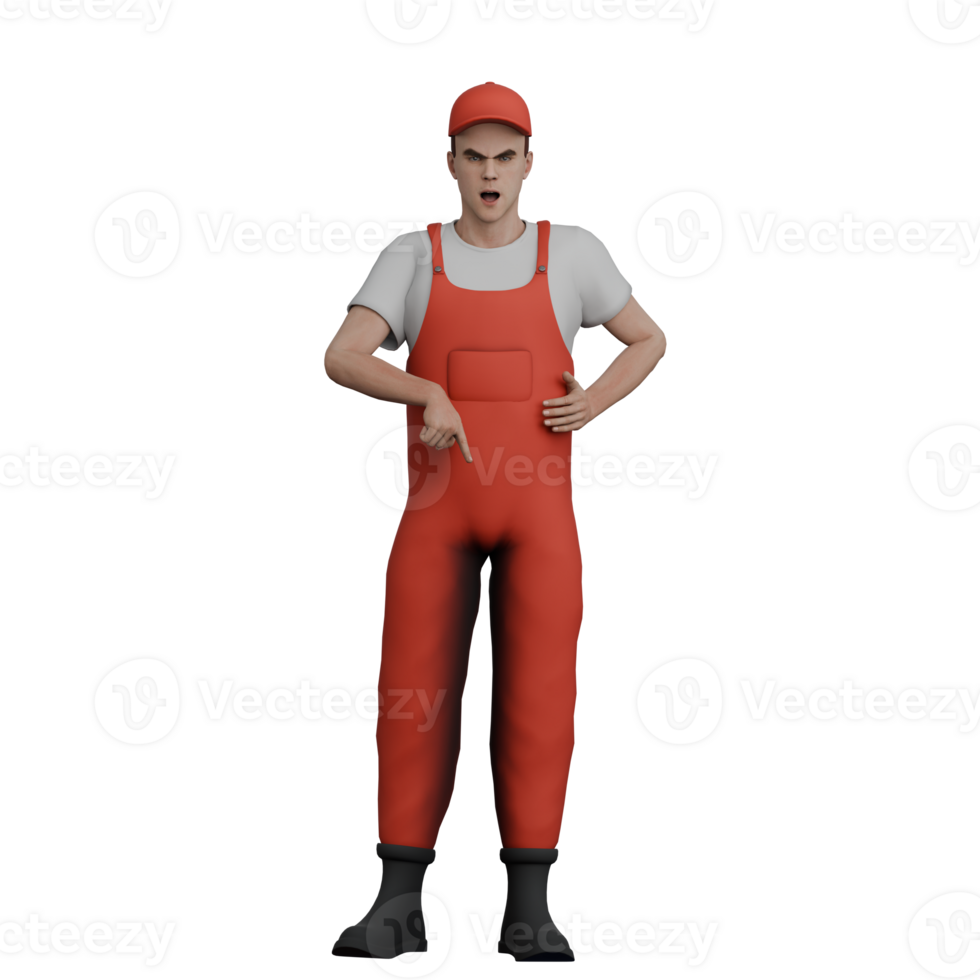3D Illustrated of Male Mechanic.A male mechanic stands with his left hand pointing down with an angry expression. Car Service Specialist png