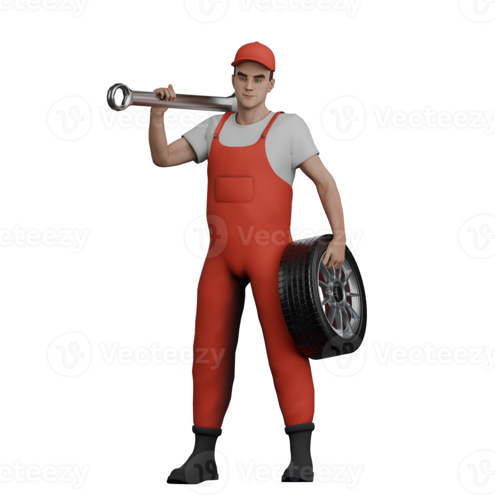 3D Professional in Automotive. A male mechanic stands holding a crank on his shoulder and holding a car tire in his right hand. Male Mechanic png