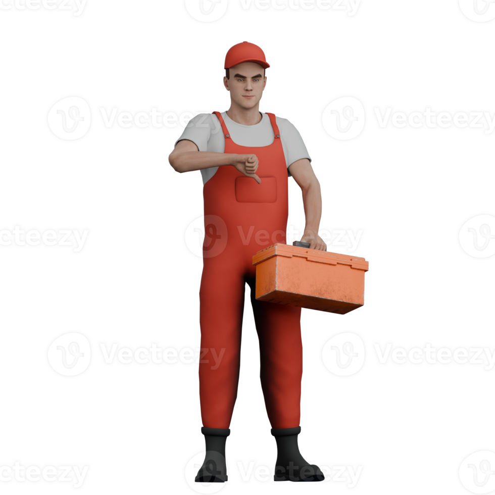 Cartoon Illustrated of a Male Mechanic. A male mechanic stands holding a tool box in his right hand and raises his left hand in front of his chest. 3D Repair Shop Style png