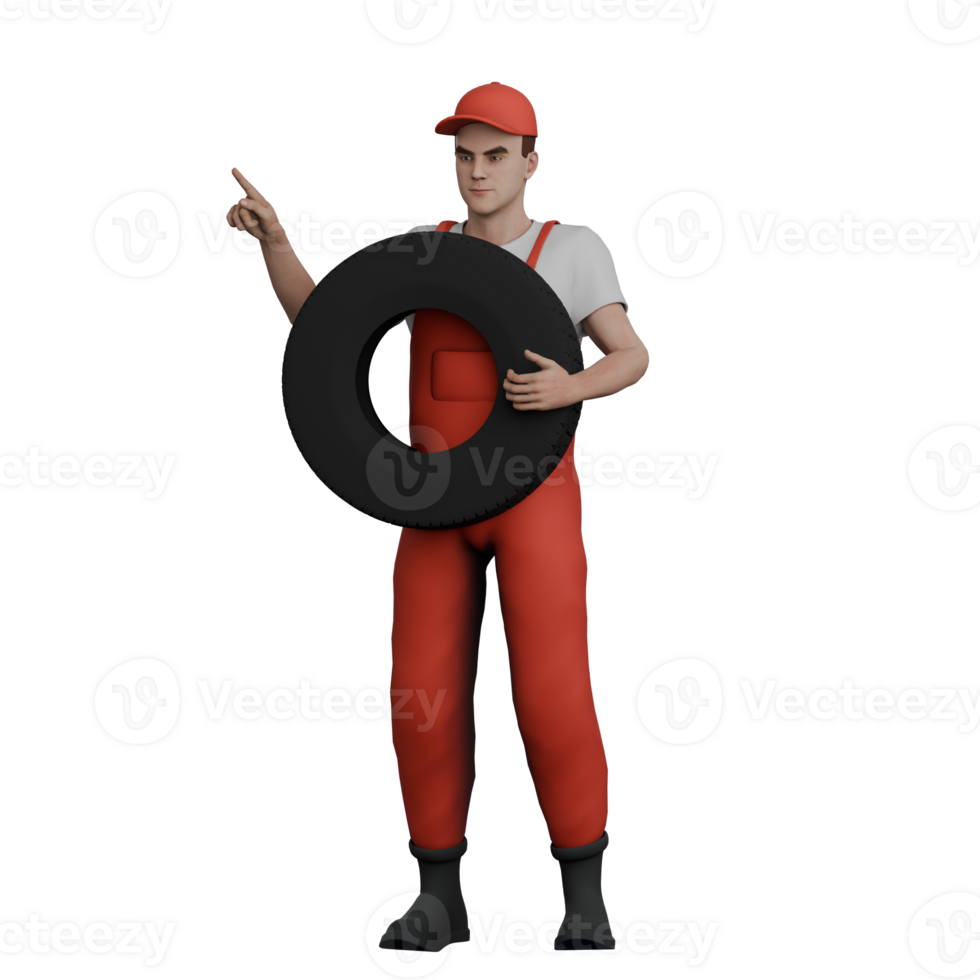 3D Animated Mechanic. A male mechanic stands holding a tire in front of his chest with his right hand and his left hand pointing up. Male Electrical Systems Expert png
